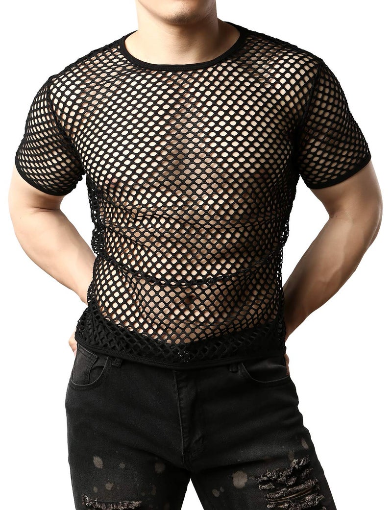 JOGAL Men's Mesh Fishnet Fitted Short Sleeve Muscle Top Medium WG02 Black - Image 2